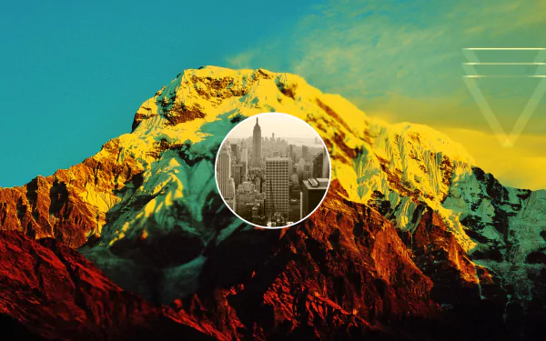 4K Ultra HD artistic polyscape wallpaper featuring a blurred mountain with vibrant yellow, red, and teal hues blending in a dynamic PC desktop background.