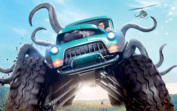 4K Ultra HD PC desktop wallpaper: teal monster truck with giant tentacles and a creature inside, driver visible, helicopter overhead, charging across a dusty field — movie Monster Trucks.