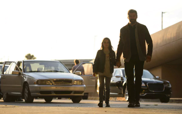 HD desktop wallpaper featuring a scene from the movie Logan with Dafne Keen as X-23 (Laura Kinney) and Hugh Jackman as Logan, walking on a street with cars in the background.