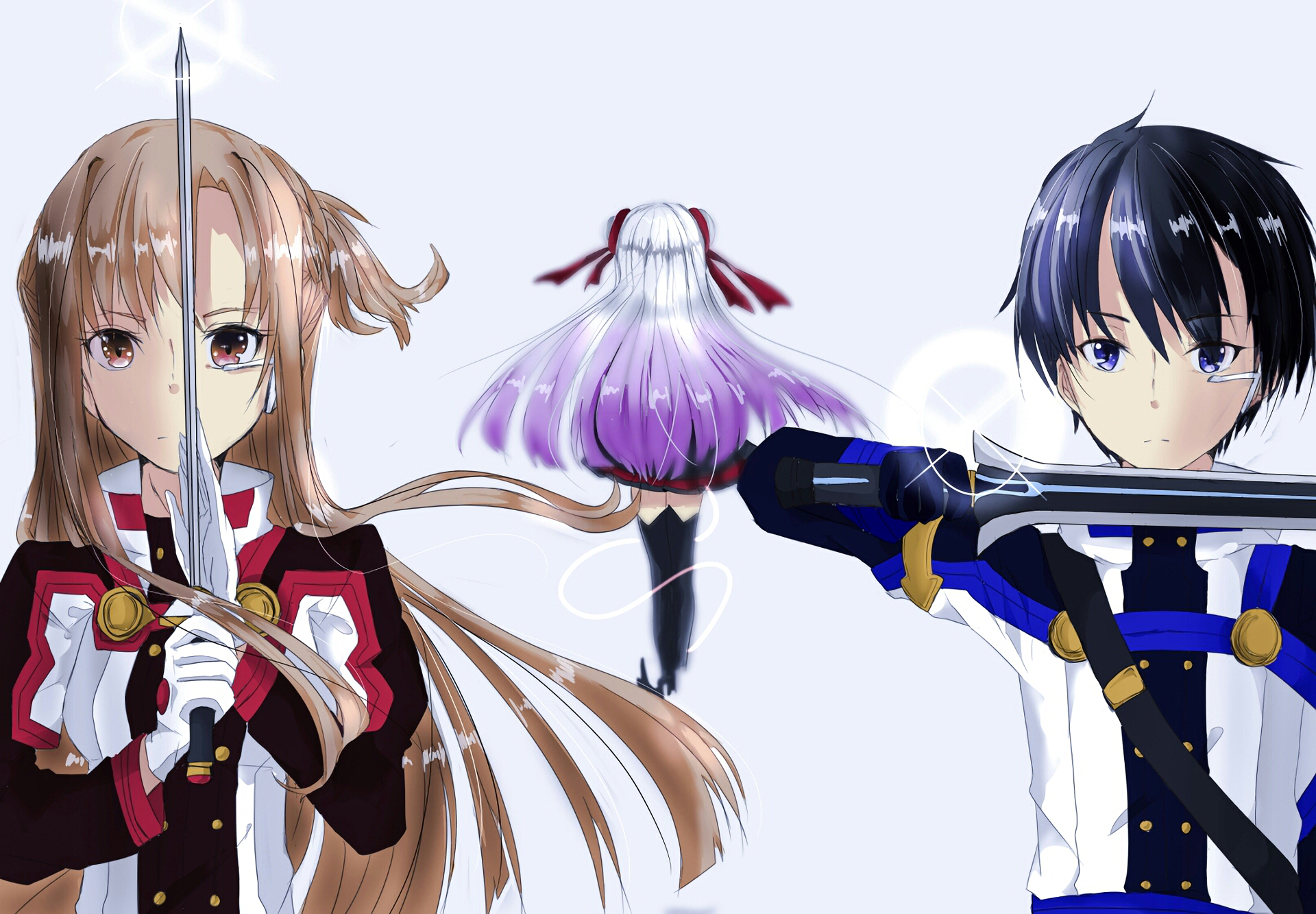 HD anime desktop wallpaper featuring characters from Sword Art Online Movie: Ordinal Scale, with a focus on two protagonists wielding weapons and a third character in the background.