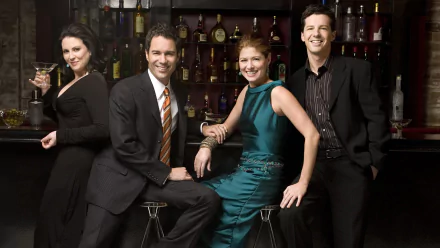 Cast of the TV show Will & Grace (1998) posing together in a bar setting, featured in an HD PC desktop wallpaper and background.