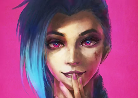 HD desktop wallpaper of Jinx from League of Legends, featuring her blue hair and pink eyes against a vibrant pink background.
