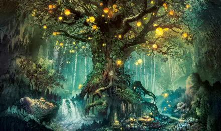 HD desktop wallpaper featuring a fantasy forest with a majestic tree at its center, glowing orbs hanging from its branches, surrounded by dense foliage and a serene stream flowing nearby.