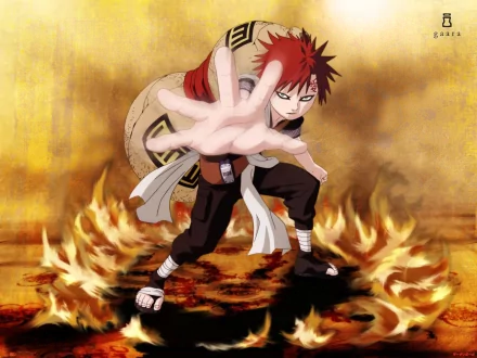 Gaara from Naruto stands dramatically against a fiery backdrop, showcasing his iconic sand manipulation powers in this vibrant anime HD wallpaper.