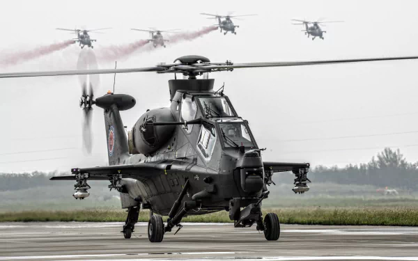 HD desktop wallpaper featuring a CAIC Z-10 military attack helicopter on the ground with several others flying in formation in the background.