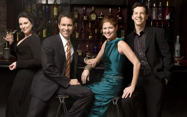 Cast of the TV show Will & Grace (1998) posing together in a bar setting, featured in an HD PC desktop wallpaper and background.