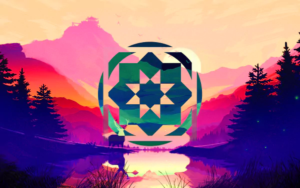 An HD desktop wallpaper from the game Firewatch, featuring a scenic, colorful sunset landscape with silhouettes of trees and mountains, overlaid with geometric polyscape shapes.