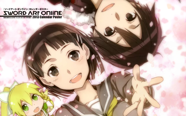 5K Ultra HD PC wallpaper of Sword Art Online anime: Kazuto Kirigaya (Kirito) and Suguha Kirigaya (Leafa) smiling amid pink cherry blossoms, reaching toward the viewer.