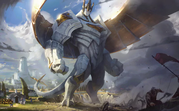HD desktop wallpaper of Galio from Demacia in League of Legends, showcasing the mighty stone sentinel in a majestic pose amidst a battle scene.