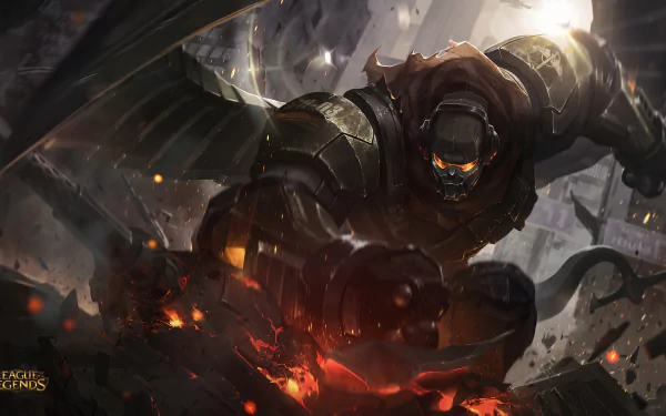 HD desktop wallpaper featuring Galio from the video game League of Legends, showcasing the armored character amidst a dark, fiery battlefield.