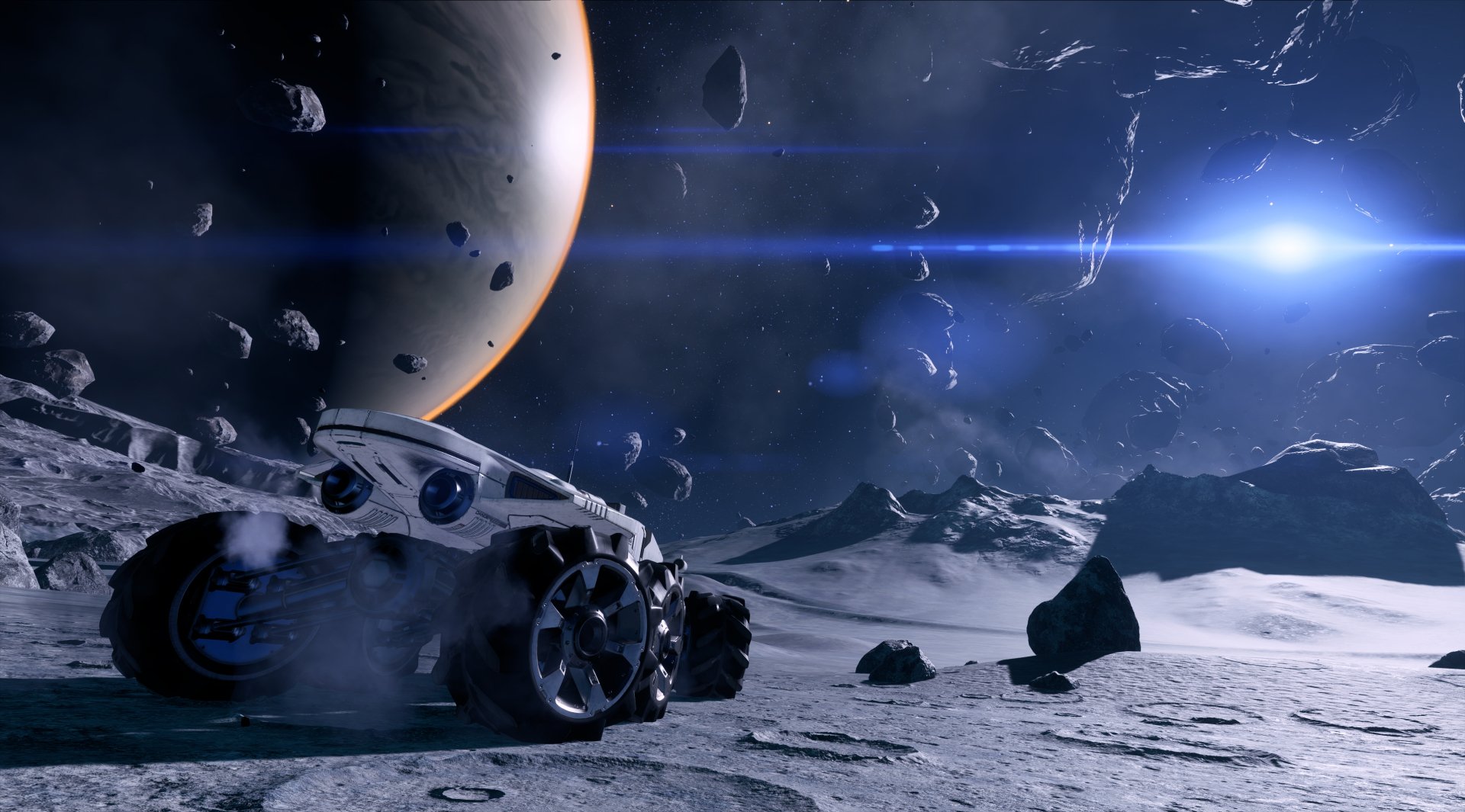 HD PC desktop wallpaper featuring a futuristic rover exploring a rocky moon landscape with planets and asteroids, inspired by the video game Mass Effect: Andromeda.