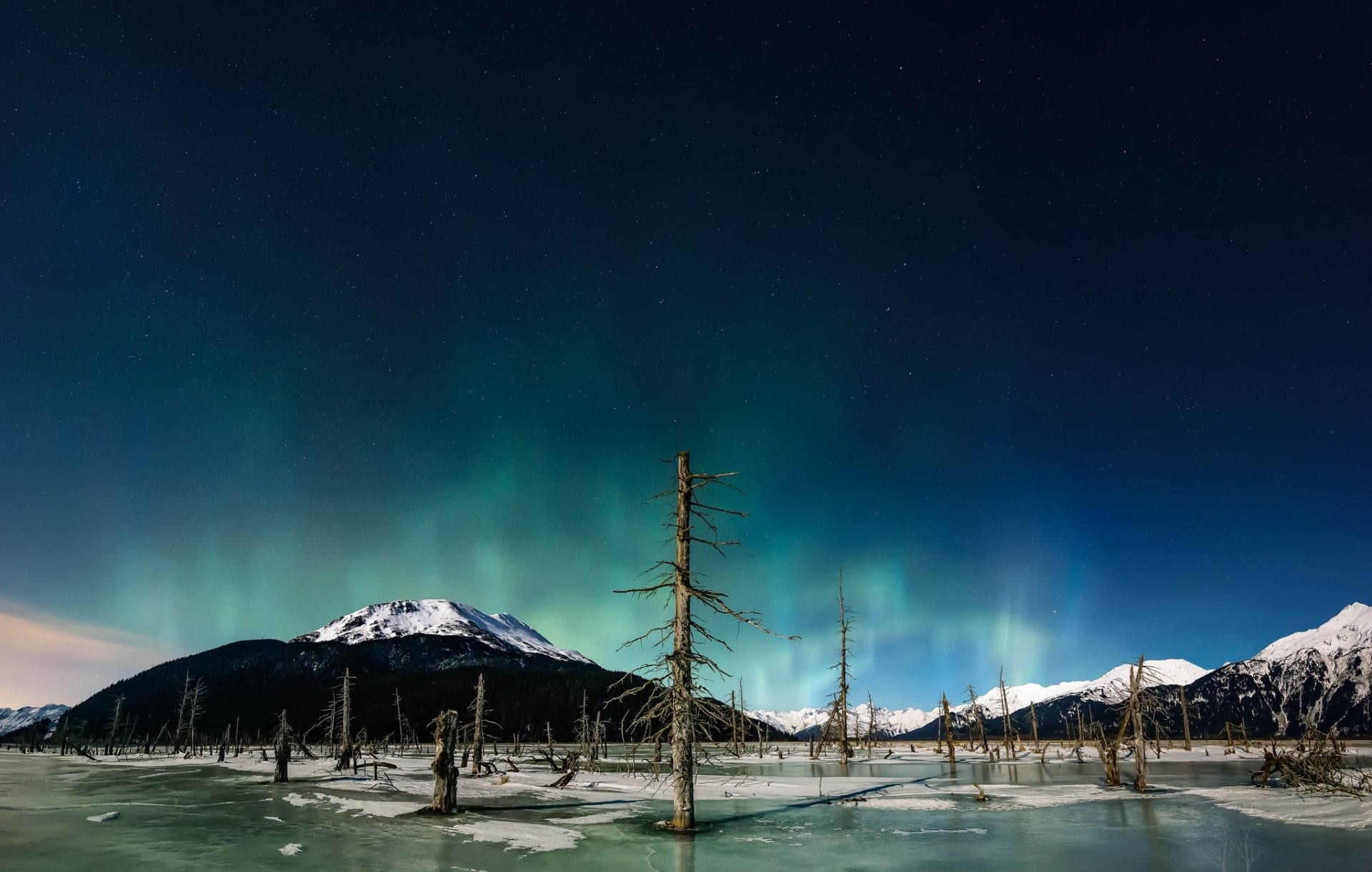 HD winter night desktop wallpaper: snow-capped mountains under a starry sky and green aurora borealis over an icy lake dotted with standing dead trees.