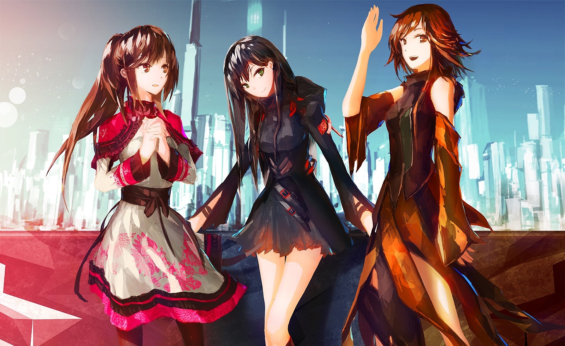 HD desktop wallpaper featuring anime characters Rin Shibuya, Uzuki Shimamura, and Mio Honda from The iDOLM@STER Cinderella Girls, standing together against a futuristic city backdrop.