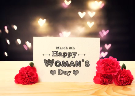 A 4K Ultra HD desktop wallpaper featuring red flowers and a card reading Happy Woman's Day with heart-shaped bokeh lights in the background, celebrating Women's Day.