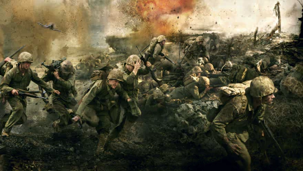 HD PC desktop wallpaper: chaotic WWII battlefield from the TV series The Pacific (2010), US soldiers charging through mud amid smoke and explosions.