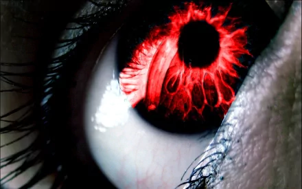 HD wallpaper featuring an artistic close-up of an eye with a fiery red iris and intricate details, enhancing its dramatic and striking appearance.