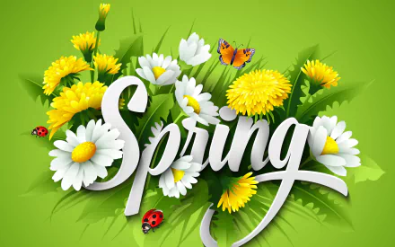 Artistic HD PC desktop wallpaper featuring the word Spring surrounded by yellow dandelions, white daisies, a butterfly, and ladybugs on a bright green background.