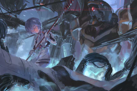 A striking HD desktop wallpaper featuring Rei Ayanami from the anime Neon Genesis Evangelion, showcasing a dynamic sci-fi setting with intricate mechanical details.