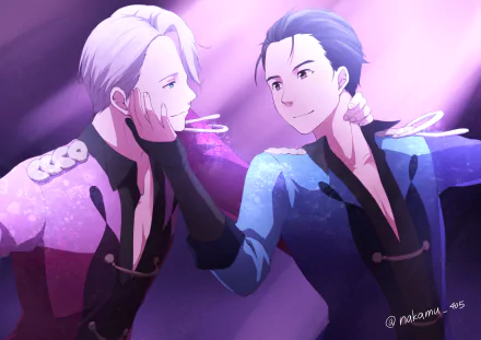 HD wallpaper featuring Victor Nikiforov and Yuuri Katsuki from the anime Yuri!!! on ICE. The characters share an intimate moment, both dressed in stylish skating costumes, under a backdrop of soft pink and purple hues.