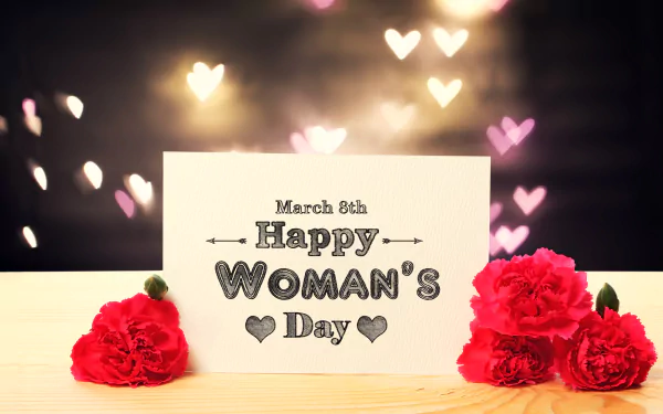A 4K Ultra HD desktop wallpaper featuring red flowers and a card reading Happy Woman's Day with heart-shaped bokeh lights in the background, celebrating Women's Day.