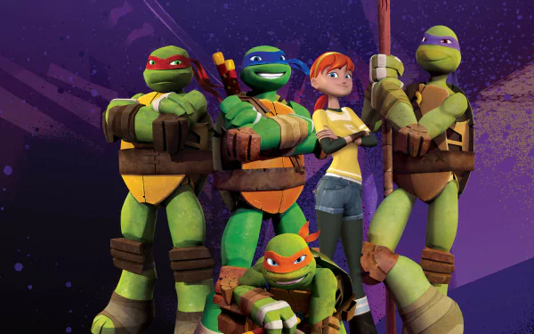 HD PC desktop wallpaper featuring April O’Neil standing confidently alongside the Teenage Mutant Ninja Turtles in a vibrant comic-style background.