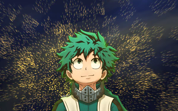 HD desktop wallpaper featuring Izuku Midoriya from My Hero Academia, with green hair and a hopeful expression against a backdrop of glowing sparks.