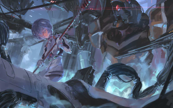 A striking HD desktop wallpaper featuring Rei Ayanami from the anime Neon Genesis Evangelion, showcasing a dynamic sci-fi setting with intricate mechanical details.