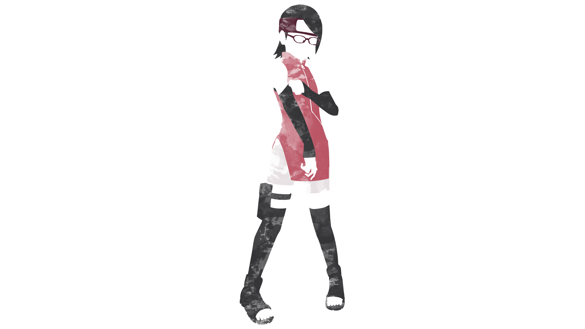 Stylized figure of Sarada Uchiha (Boruto) in red and black with glasses, hand near her face on a white, watercolor-textured field — 4K Ultra HD anime PC desktop wallpaper background.