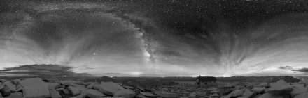 Black and white HD desktop wallpaper of Sequoia National Park under a Sci-Fi-inspired Milky Way sky, blending cosmic wonder with rugged natural landscape.