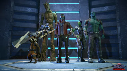 HD PC desktop wallpaper featuring the Guardians of the Galaxy characters Drax, Gamora, Star-Lord, Groot, and Rocket Raccoon from the video game Guardians of the Galaxy: The Telltale Series.