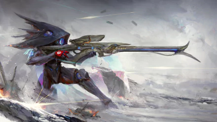 HD wallpaper featuring Ivara from Warframe, poised with a sniper rifle in a futuristic, snowy battlefield, embodying the essence of a robot warrior from the video game Warframe.