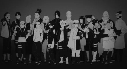 HD desktop wallpaper featuring Naruto Uzumaki, Sasuke Uchiha, Mitsuki (Naruto), Boruto Uzumaki, Sarada Uchiha, and other characters from the anime Boruto.