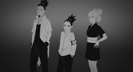 HD PC desktop wallpaper featuring three characters from the anime Boruto posed against a gradient gray background, showcasing their distinct outfits and hairstyles.