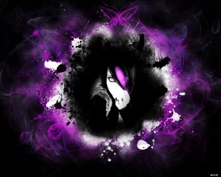 A striking HD wallpaper featuring an artistic portrayal of a woman with pink and purple emo hair, set against a vibrant abstract background of swirling purples and splashes of white.