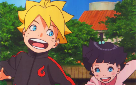 HD wallpaper featuring Himawari Uzumaki and Boruto Uzumaki from the anime Boruto, showcasing the siblings smiling joyfully against a vibrant outdoor background.