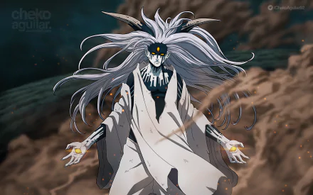 HD desktop wallpaper features Momoshiki Ōtsutsuki from the anime Boruto, showcasing his imposing, otherworldly presence with long, flowing white hair and dark, intense eyes amidst a powerful storm-like background.