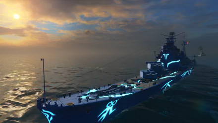 HD PC desktop wallpaper of Japanese cruiser Takao with glowing neon hull markings cutting through sunset seas — World of Warships video game background.