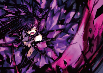 HD desktop wallpaper featuring Tohka Yatogami from Date A Live, depicted in an intense and vibrant scene with purple and pink hues.