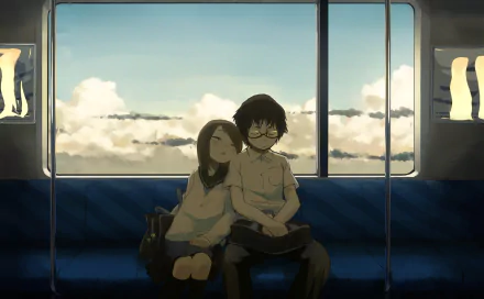A cozy scene featuring two cute anime characters sitting together on a train, with a serene sky and clouds visible through the window. This HD wallpaper captures a sweet moment beautifully.