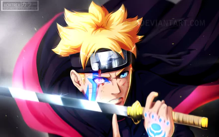 HD wallpaper featuring Boruto Uzumaki from the anime Boruto, showcasing him holding a sword with his karma seal activated.