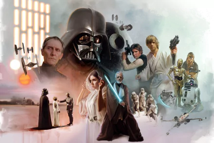 HD desktop wallpaper featuring a captivating Star Wars collage with iconic characters and scenes, encapsulating the essence of the sci-fi saga.