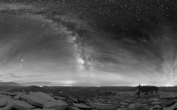 Black and white HD desktop wallpaper of Sequoia National Park under a Sci-Fi-inspired Milky Way sky, blending cosmic wonder with rugged natural landscape.