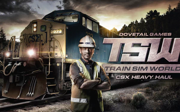 HD wallpaper of Train Sim World: CSX Heavy Haul featuring a locomotive and a worker, with game logo by Dovetail Games.
