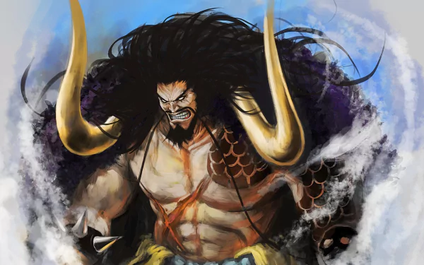 HD wallpaper featuring Kaido from One Piece. Kaido stands powerfully with distinctive horns, emanating an imposing and fierce presence in a dynamic and smoky background.