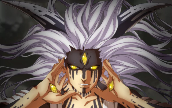 HD PC desktop wallpaper featuring Momoshiki Ōtsutsuki from the anime Boruto, showcasing his intense yellow eyes and distinctive white hair in a dynamic pose.