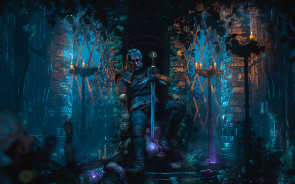 An HD wallpaper featuring Geralt of Rivia from The Witcher 3: Wild Hunt. The warrior stands with a sword amid a mystical night setting, surrounded by ruins and illuminated by ethereal blue and purple lights.