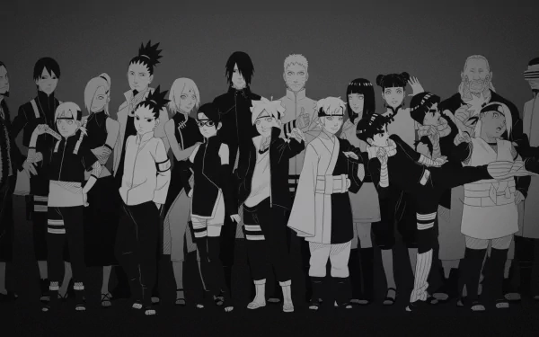 HD desktop wallpaper featuring Naruto Uzumaki, Sasuke Uchiha, Mitsuki (Naruto), Boruto Uzumaki, Sarada Uchiha, and other characters from the anime Boruto.