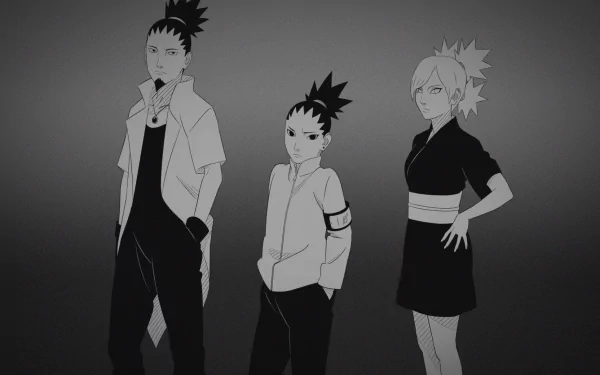 HD PC desktop wallpaper featuring three characters from the anime Boruto posed against a gradient gray background, showcasing their distinct outfits and hairstyles.