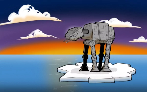 HD PC desktop wallpaper of a funny Star Wars AT-AT Walker stranded on a small ice floe against a colorful sunset sky.