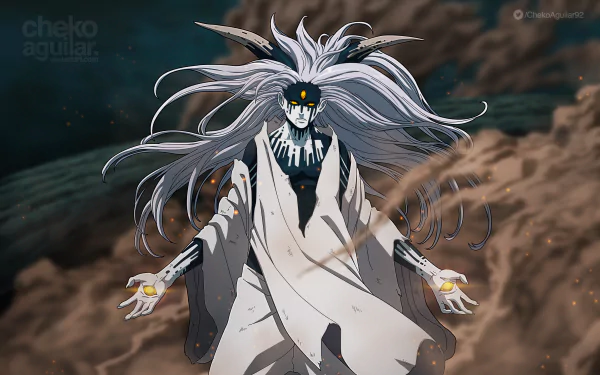 HD desktop wallpaper features Momoshiki Ōtsutsuki from the anime Boruto, showcasing his imposing, otherworldly presence with long, flowing white hair and dark, intense eyes amidst a powerful storm-like background.